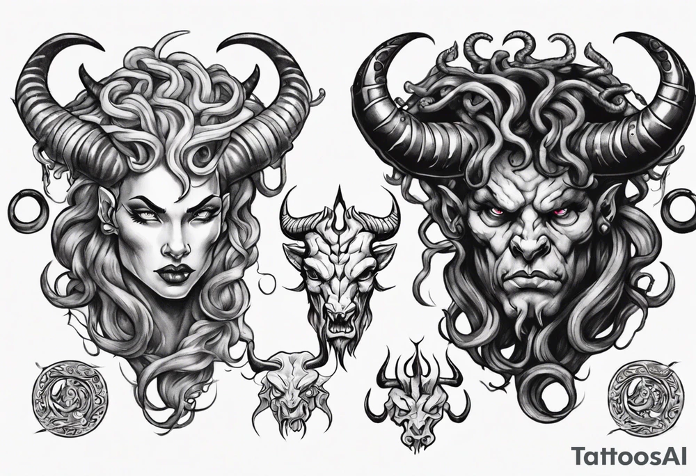 minotaur evil and medusa side by side tattoo idea