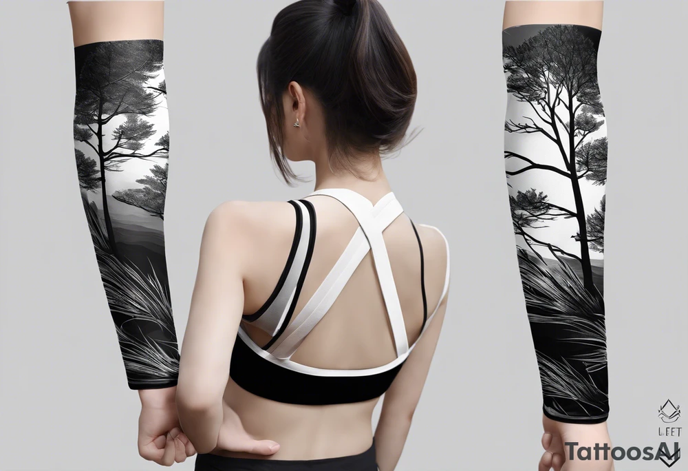 Nature theme. Realistic and geometric style. Black and white color. It will go up the left arm, starting from the elbow, passing through the shoulder and going to the upper left half of the back, also taking in a little of the left breast.

The design would be as follows: rising from the left elbow with feathers moving in the wind, interacting in space with tree branches with leaves, also under the influence of the movement of the wind, which can also be represented. As the arm rises, rays also appear and, approaching the shoulder, a vortex of energy from which the feathers come reveals the head of an owl located on the left chest. On the back, the tree branches reach and enter a more solid geometry that refers to the earth in a psychedelic way, mixing various elements that refer to the energy of creation, birth, earth house, spiral, symbols of community, all together as an implosion that represents where life comes from and some chain breaking. tattoo idea