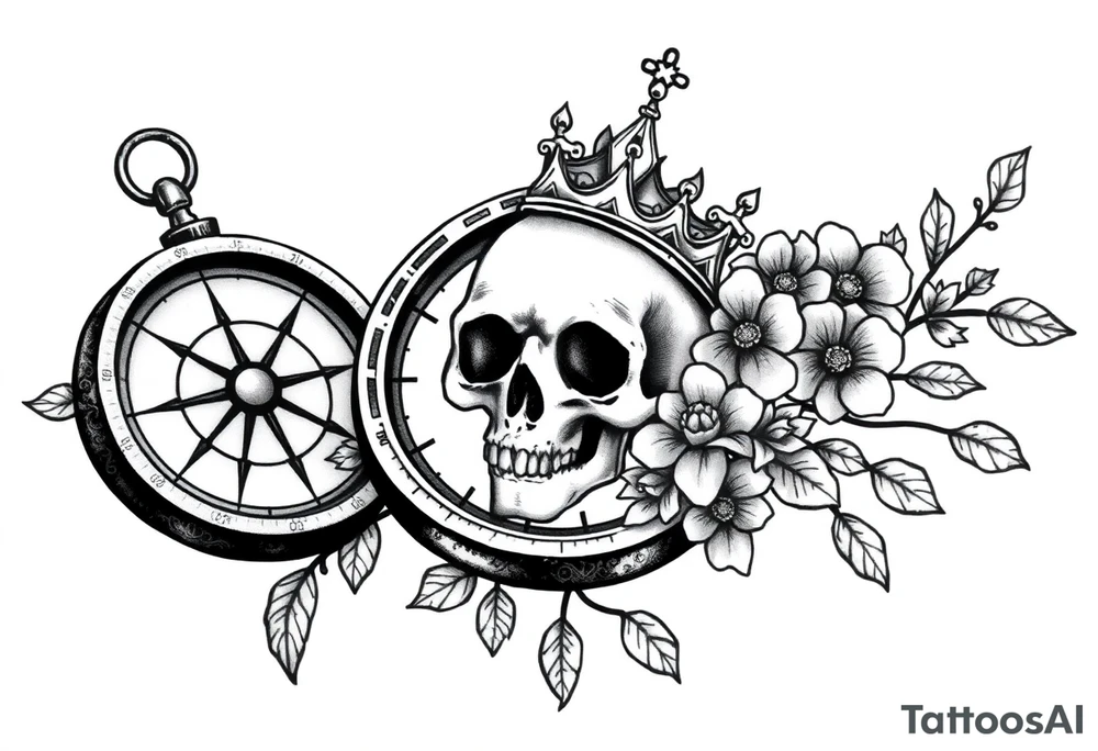 Compass with detailed beautiful gothic boho flowers on vine and skull with gorgeous crown tattoo idea