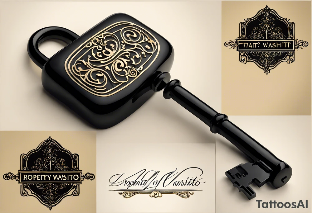 Text: "Property of Washito" in a flowing script that's elegant and personal.
Symbol: A small, stylized lock and key, possibly interlinked with the last letter of the text or placed subtly beneath the text. The design of the lock and key should be simple and not overpower the text but complement it. tattoo idea