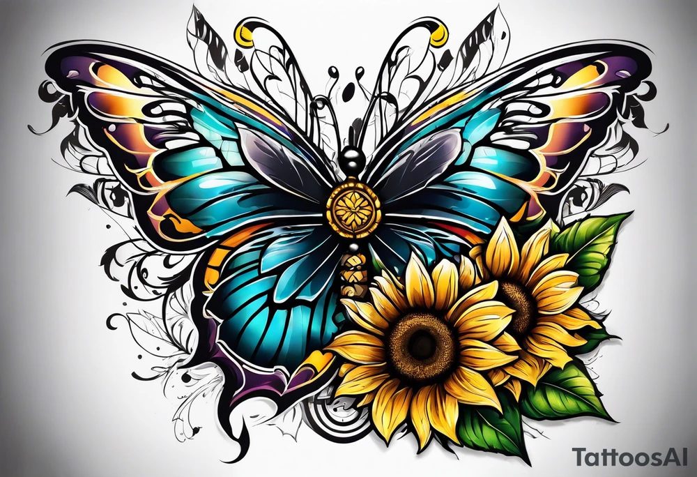 Winged cross with sunflower and butterflies tattoo idea
