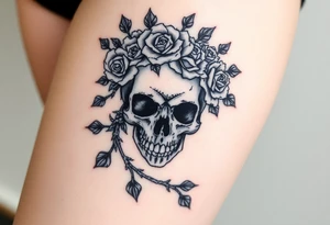 ornate skull adorned with crown of wild roses and thorns tattoo idea