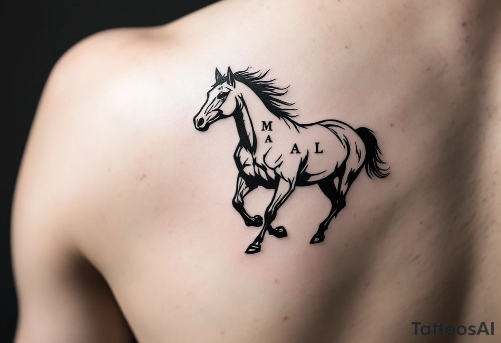 horse silhouette 
from the front which gallops from the front, with the 3 small letters discreetly integrated: M, A, L tattoo idea