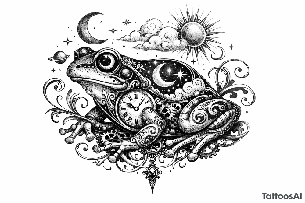 Surrealist frog with clockwork gears and celestial motifs. tattoo idea