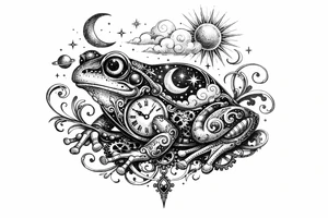 Surrealist frog with clockwork gears and celestial motifs. tattoo idea