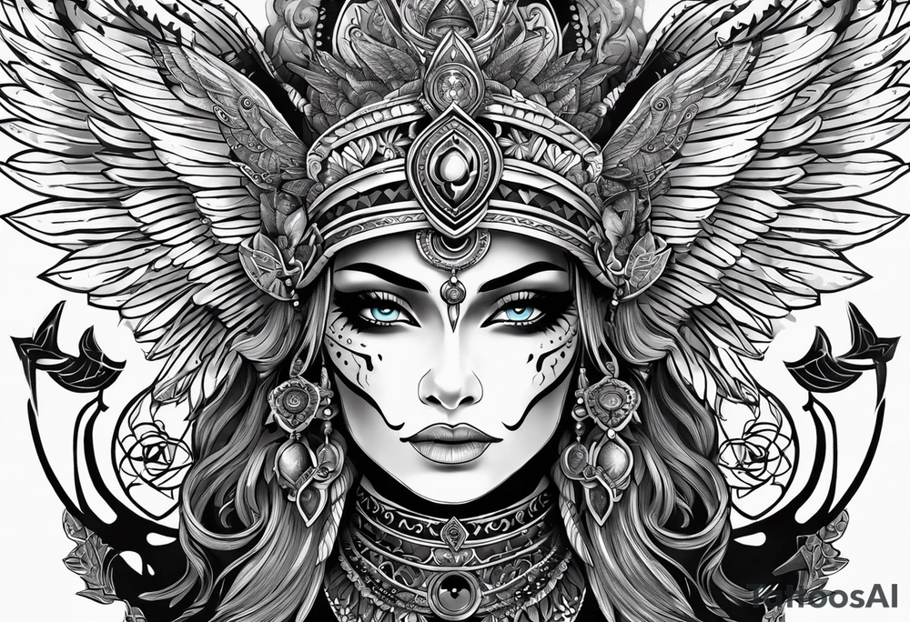 black kali, goddess pirate, alien, pachamama, valkrye, warrior, skull, lotus azul, wing, eagle, zenza resonance, stars, 5D tattoo idea
