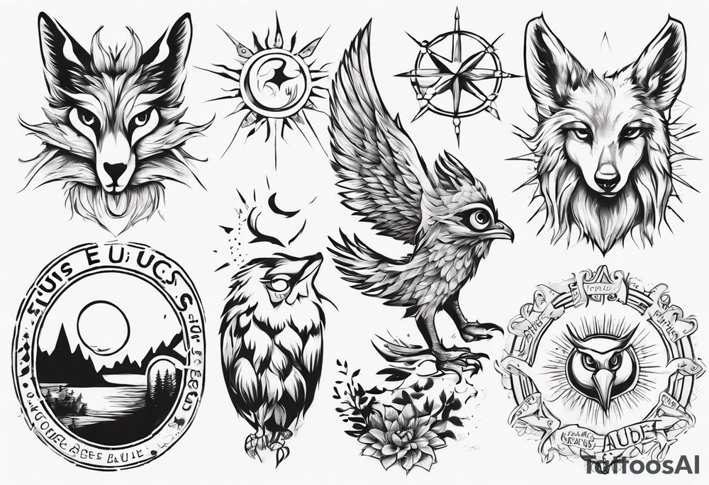 Fuchs und Eule unter der Sonne mit dem Schriftzug Sapere Aude tattoo idea
