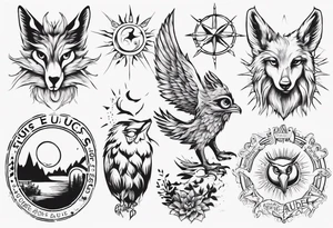 Fuchs und Eule unter der Sonne mit dem Schriftzug Sapere Aude tattoo idea