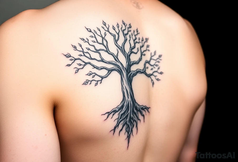 mystical tree of life with cosmic roots and celestial branches tattoo idea