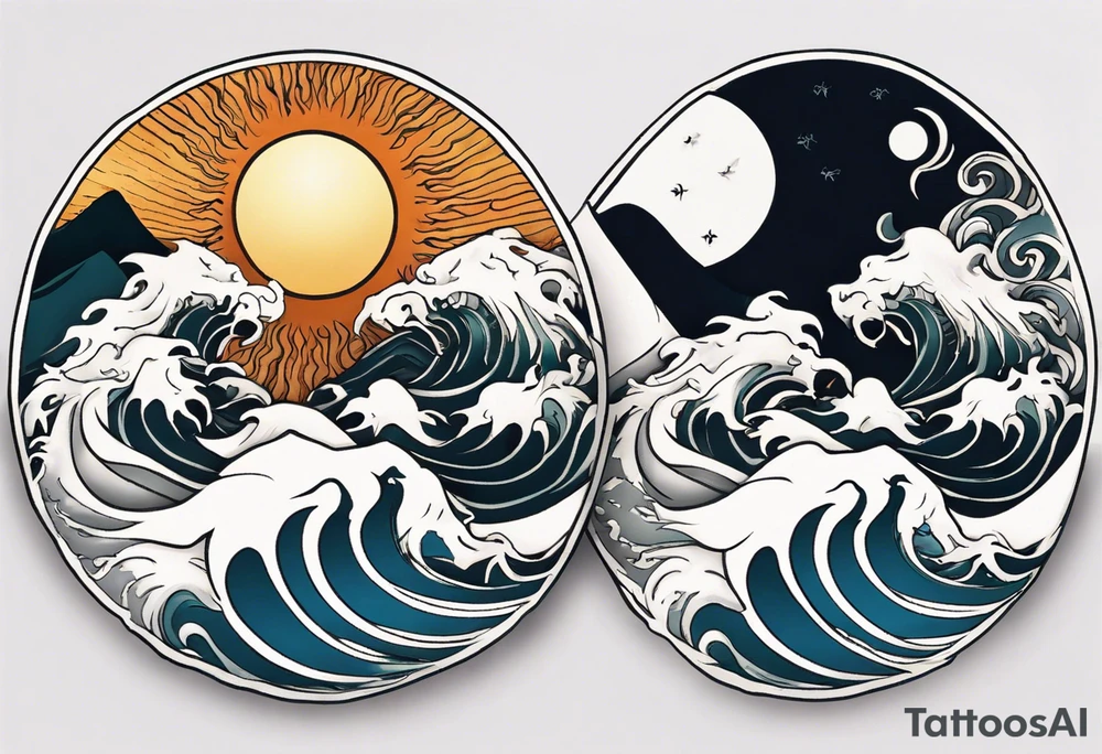 sun and moon in yin yang symbol 
over ocean wave and mountains tattoo idea