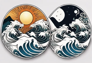sun and moon in yin yang symbol 
over ocean wave and mountains tattoo idea