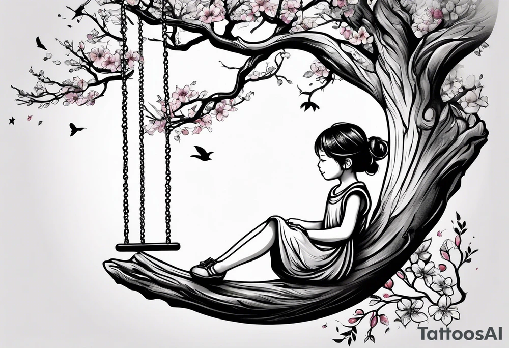 little girl swinging under a tree of life tattoo idea