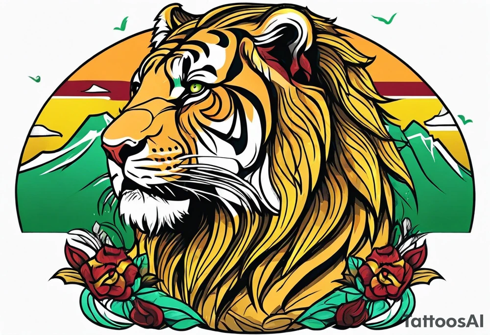 Lion and tiger with colors green, yellow, maroon and black tattoo idea