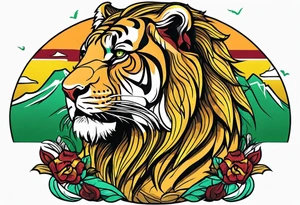 Lion and tiger with colors green, yellow, maroon and black tattoo idea