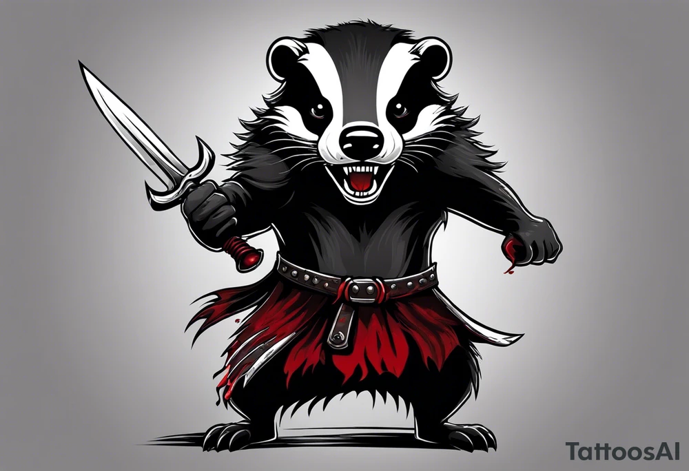 Draw me psychopath badger/Warrior with aggressive full body, killer face with a smile, very long nails and he attacks like a Bloody Warrior to us and also, he has very deadly looking. He fights with his nails. Everybody scares after their first sight. Give me horror type Badger Tattoo. I want to see his full body. tattoo idea