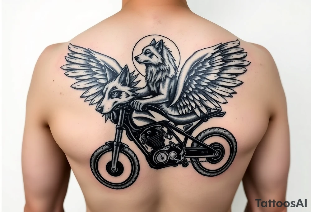 guardian angel wolf on a motorcycle tattoo idea