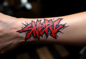 Graffiti-inspired bold red and black lettering, giving the tattoo an urban, rebellious edge. tattoo idea