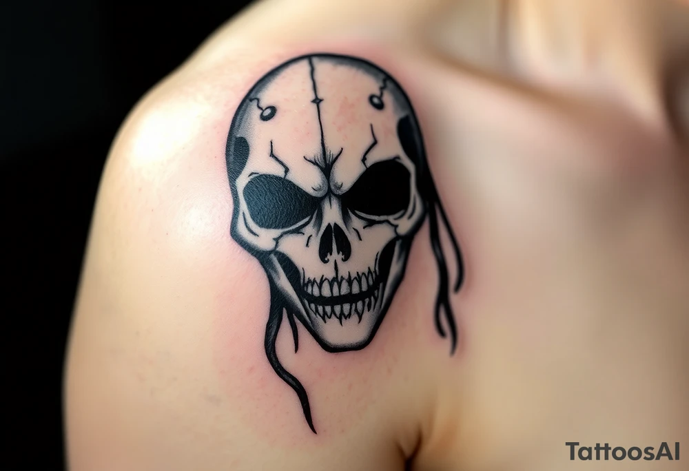 A Death Eater mask with battle scars, cracked from countless duels, with dark energy emanating from within tattoo idea