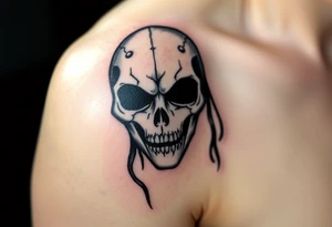 A Death Eater mask with battle scars, cracked from countless duels, with dark energy emanating from within tattoo idea