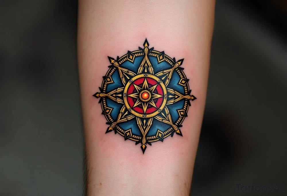 The Dharma Wheel (Dharmachakra) – A wheel with 8 spokes representing the Noble Eightfold Path, traditionally in gold or bronze with a deep blue or red background. tattoo idea