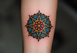 The Dharma Wheel (Dharmachakra) – A wheel with 8 spokes representing the Noble Eightfold Path, traditionally in gold or bronze with a deep blue or red background. tattoo idea