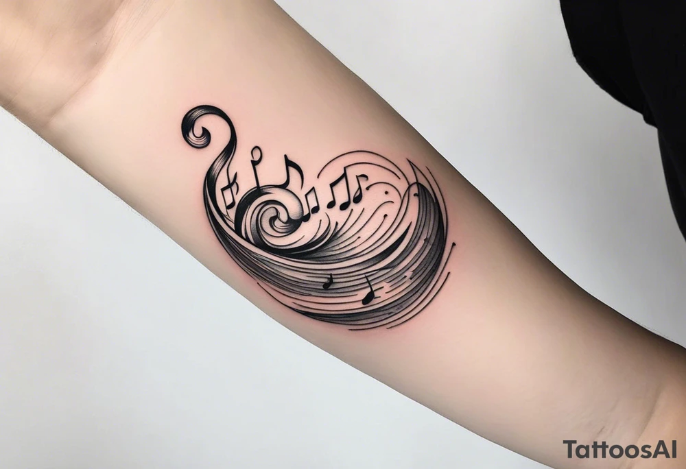 a line at the top of my arm (near the shoulder) with a music note on a staff at the top, a water wave below it, a pocket beneath it and the mushroom last - it's one line down the arm tattoo idea
