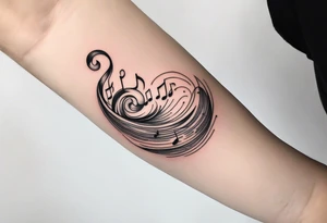 a line at the top of my arm (near the shoulder) with a music note on a staff at the top, a water wave below it, a pocket beneath it and the mushroom last - it's one line down the arm tattoo idea