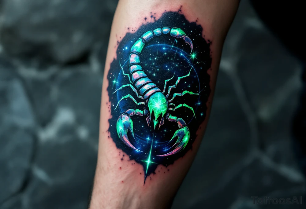 Midnight blue surrounds the sharp emerald curve of the Scorpius star constellation, like venom ready to sting. tattoo idea