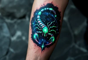 Midnight blue surrounds the sharp emerald curve of the Scorpius star constellation, like venom ready to sting. tattoo idea