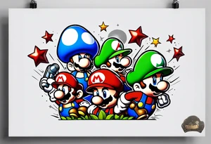 Mario and Luigi with toadstool and cannons and bombs stars tattoo idea