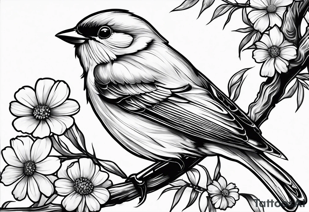 little bird, sitting on a branch holding a daisy tattoo idea