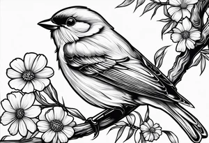little bird, sitting on a branch holding a daisy tattoo idea