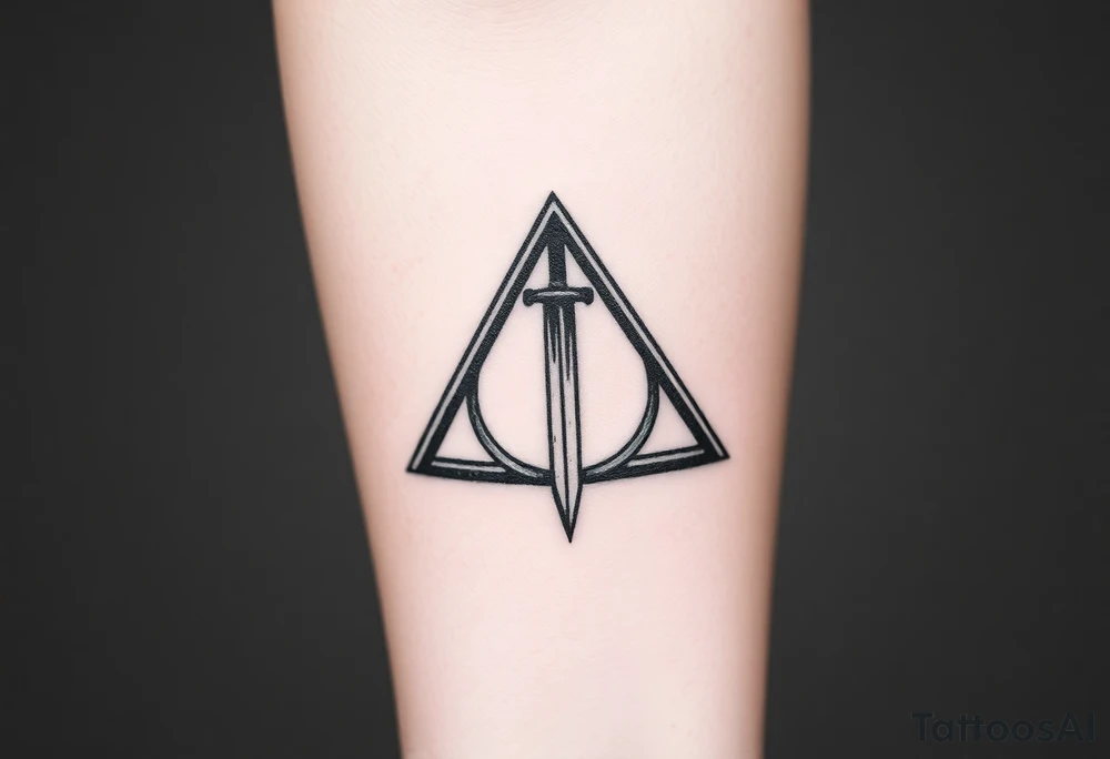 deathly hallows symbol from harry potter with a sword in the middle tattoo idea