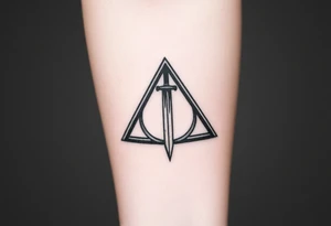 deathly hallows symbol from harry potter with a sword in the middle tattoo idea