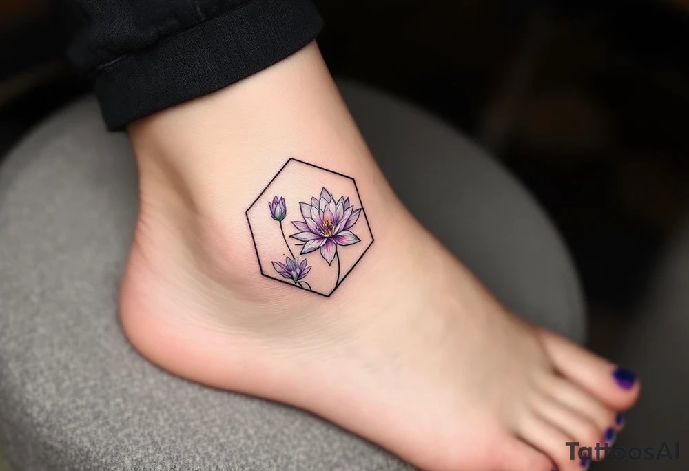 Leo, larkspur and water lily surrounded by a hexagon tattoo idea