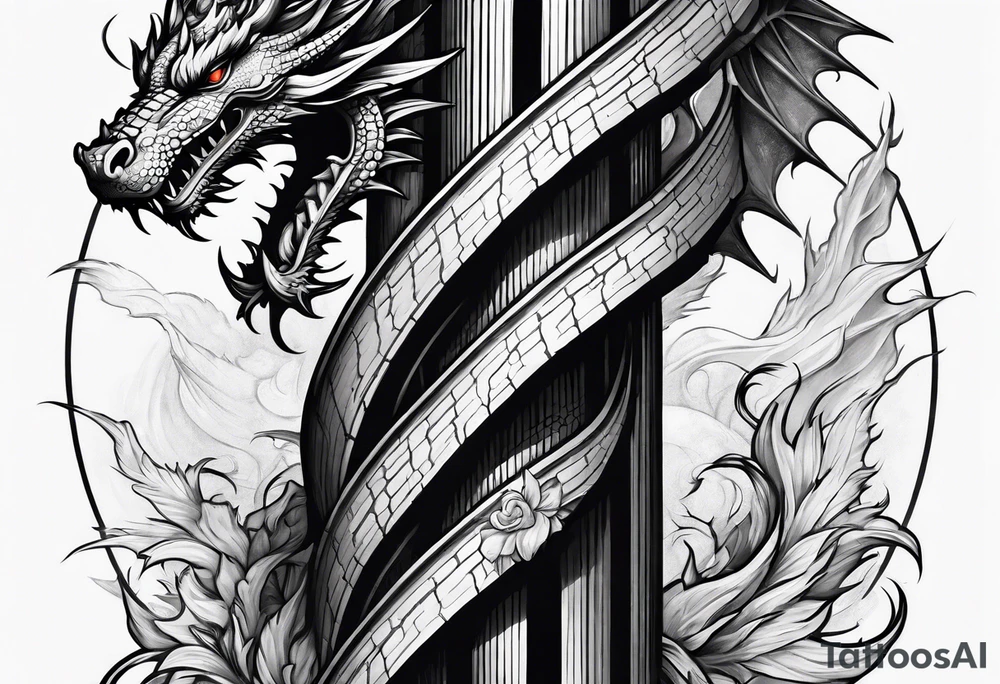 A dragon holding on a column tattoo idea