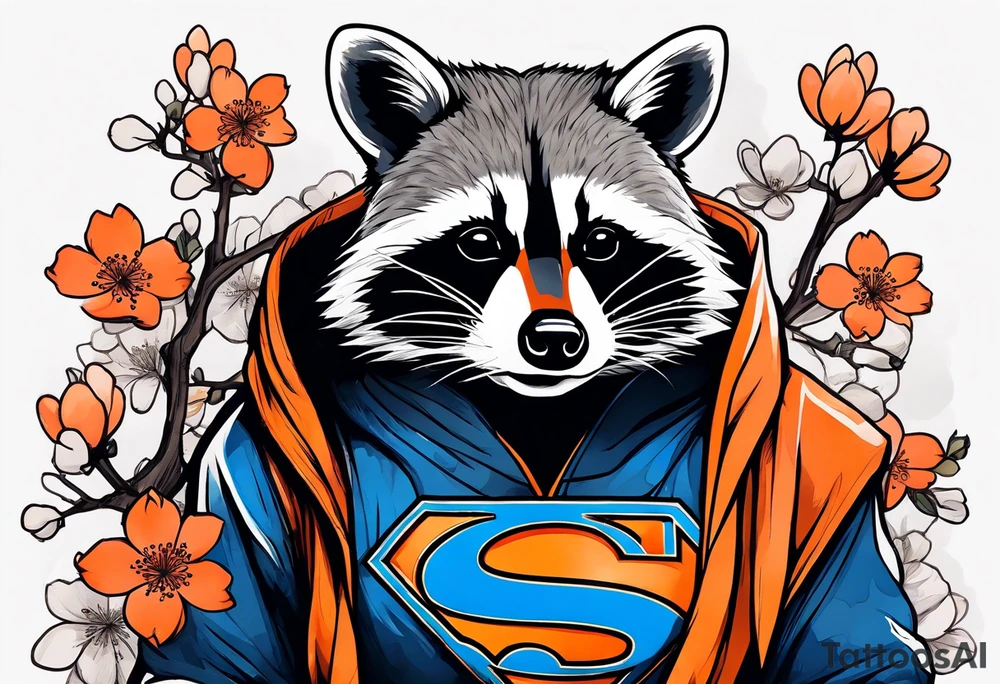 raccoon wearing a black and white Superman hoodie and orange Japanese cherry blossoms tattoo idea