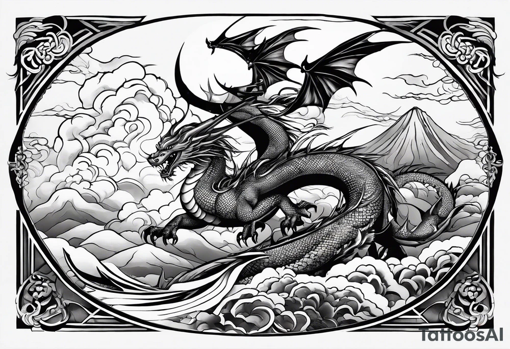 beautiful warrior nymph riding a dragon and the background will be mountains, clouds, and a Japanese building tattoo idea