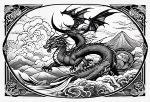 beautiful warrior nymph riding a dragon and the background will be mountains, clouds, and a Japanese building tattoo idea