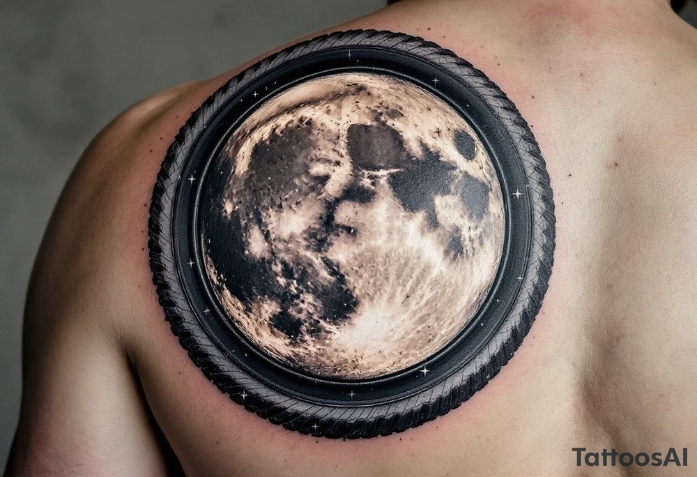 A bike tire forming the moon, with a dark background and the moon in shades of silver and white, with small twinkling stars scattered around. tattoo idea