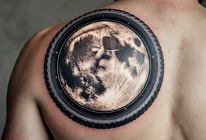 A bike tire forming the moon, with a dark background and the moon in shades of silver and white, with small twinkling stars scattered around. tattoo idea