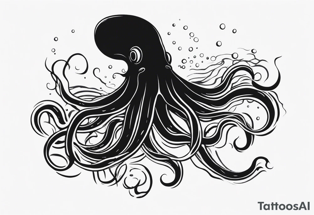 A visual representation of the horror squid concept, showing the squid becoming invisible in ink, its body turning black to blend in with its deep sea environment. The overall environment is dark, creating an eerie underwater atmosphere. tattoo idea