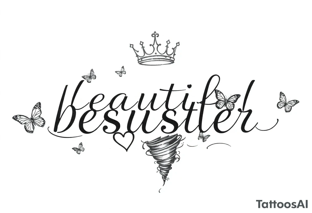 beautiful disaster with a 5 point crown hearts butterflys and a tornado with wind tattoo idea