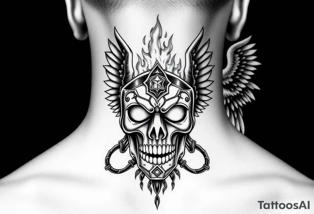 Realistic neck tattoo design. On one side, near one ear, a screaming demon facing inward. On the other side, near the other ear, a screaming angel facing the demon. Between them, in the center of the front neck, a cracked ancient mask with fire and light emerging from inside, symbolizing inner conflict and balance between good and evil. Highly detailed black and grey style, fine line shading, symmetrical, intense emotion, realistic texture. tattoo idea