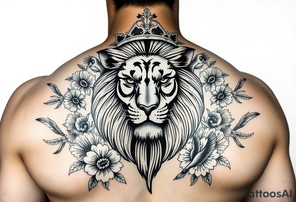 powerful majestic lion with a crown, surrounded by floral ornaments and birds tattoo idea