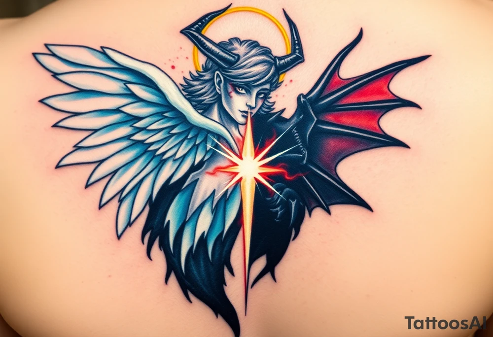 A radiant angel, with soft white wings and a glowing halo, surrounded by light, juxtaposed against a dark demon, with jagged black wings and fiery red eyes, symbolizing the ultimate conflict between good and evil. tattoo idea