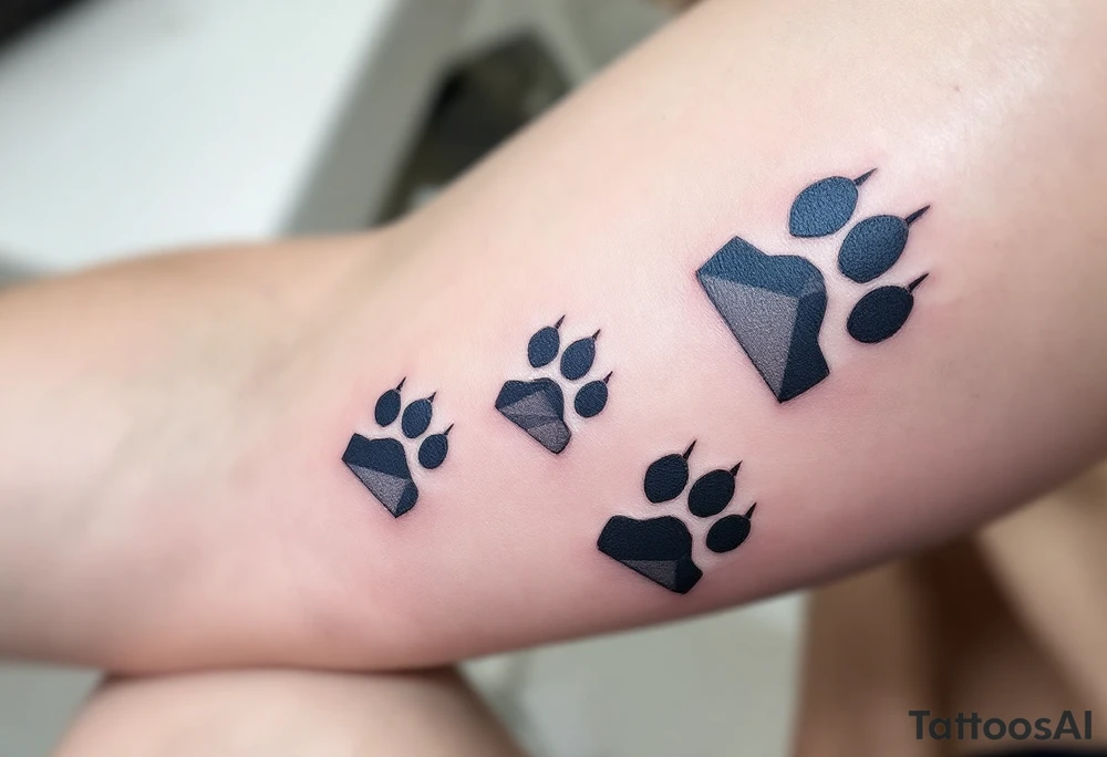 Geometric Paw Print Trail – Each paw rendered in sharp geometric lines and triangles, with black, gray, and muted blue filling, giving a modern abstract style. tattoo idea
