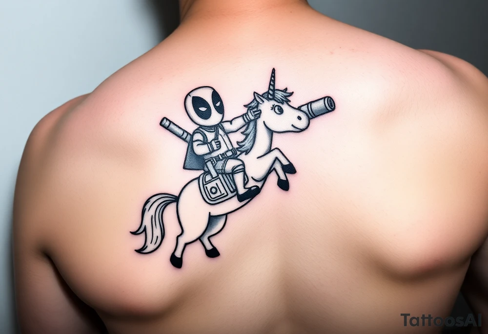 Deadpool riding cartoon unicorn pointing rocket propelled grenade launcher tattoo idea