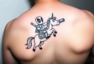Deadpool riding cartoon unicorn pointing rocket propelled grenade launcher tattoo idea