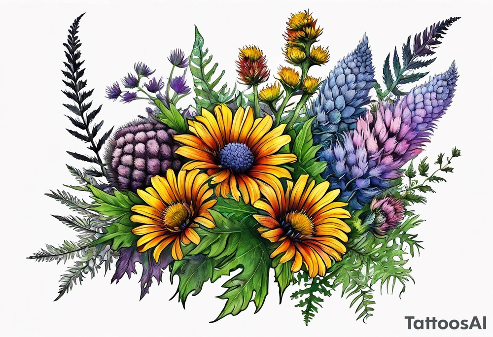spread out mixed wildflower bouquet with ferns, thistle and with some color and show the design on a leg tattoo idea